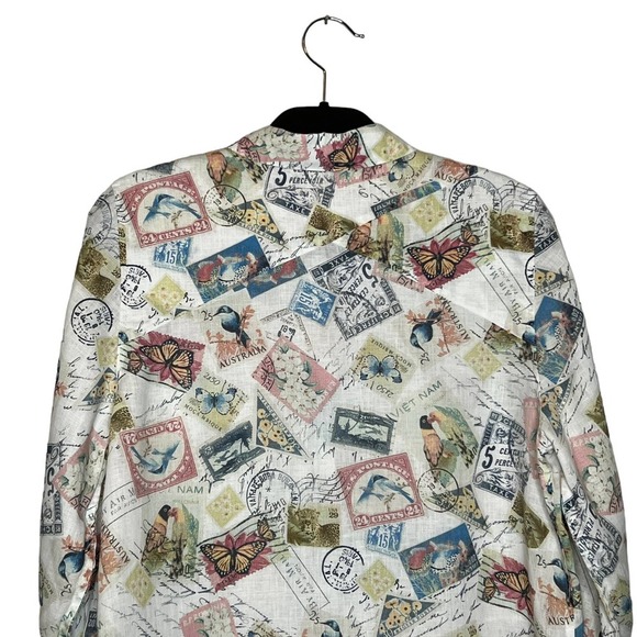 Chico's 100% Linen Novelty Print Button Up Size Medium Vacation Passport Travel - Picture 5 of 10